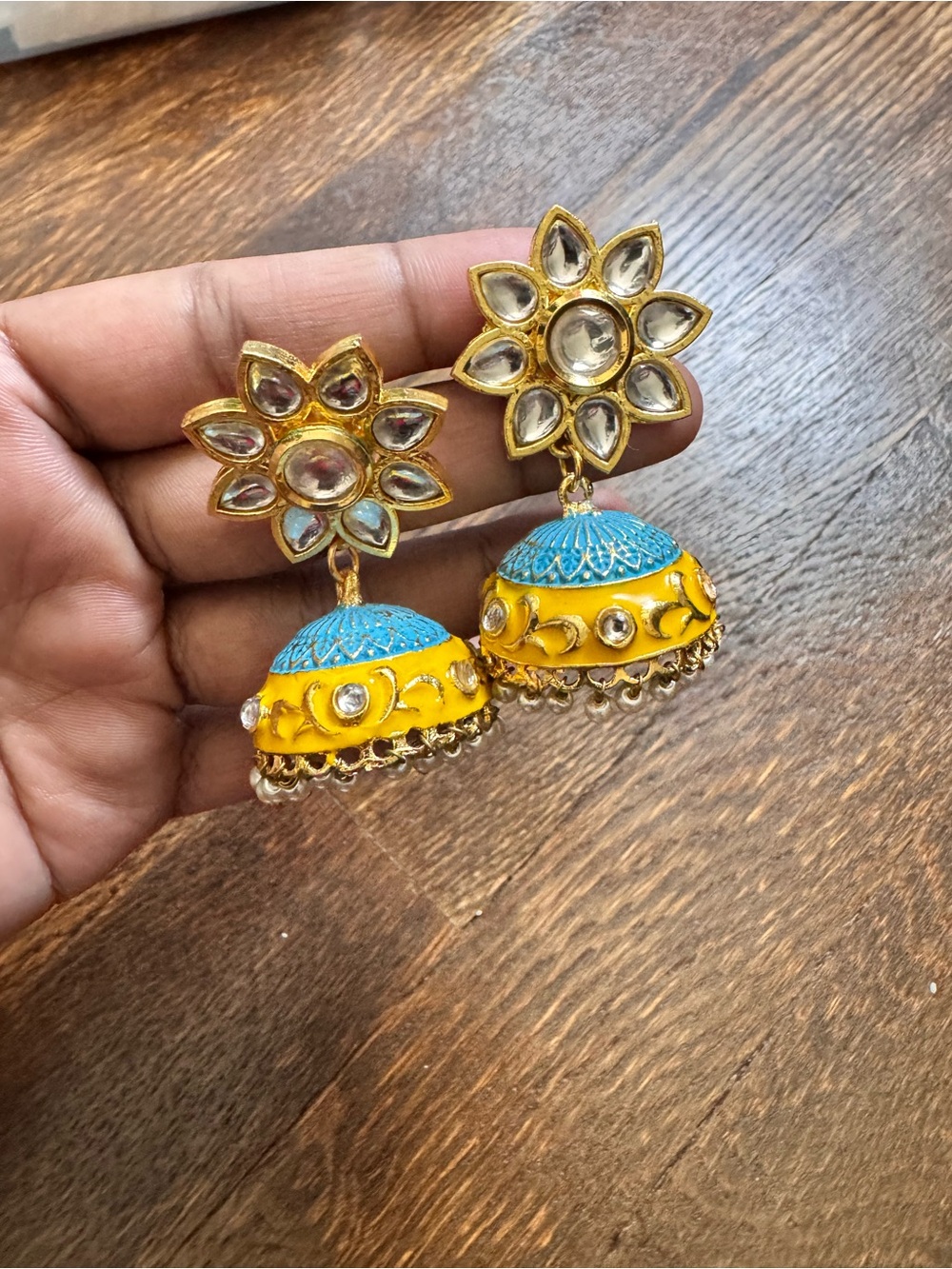 Handcrafted Yellow & Blue Floral Jhumka Earrings - Unbranded